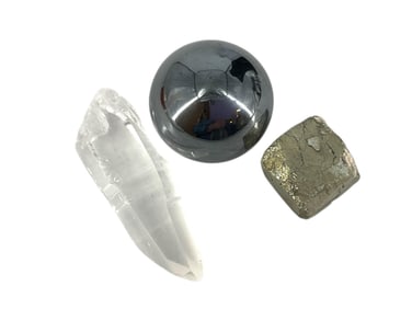Piece of Clear Quartz and Pyrite Rough, Polished Hematite Ball