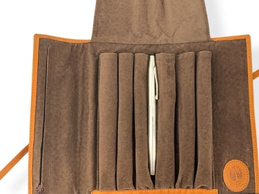 Fancy "Levenger" Brand Spanish Leather Pen Pouch and "Cross" Brand Silver Fountain Pen w/Marked 14k