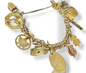 Fun Gold-Filled Charm Bracelet w/Assortment of Charms Including an Airplane, Coin, "RN" Caduceus +