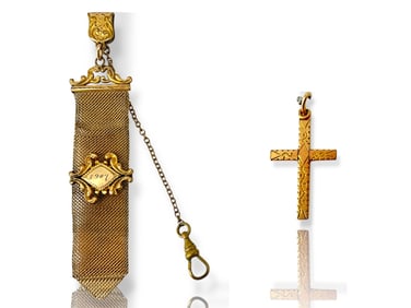 Antique Mesh Vest Watch Chain Dated 1907 and Older Gold-Filled Cross Pendant