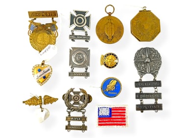 Assortment of Military and Other Pins and Lockets (One in Silver w/Gold) - One from 1898 - One is a