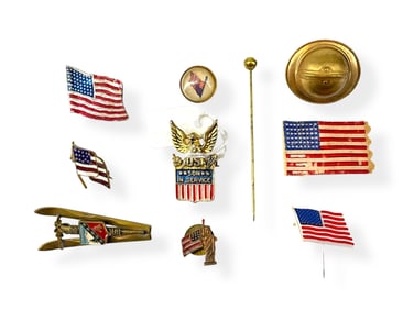 Vintage/Antique Flag Pins, War Souvenirs Including Helmet Pin and Silver "Son in Service" Pin