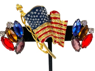 Flag Brooch Commemorating 9-11 and Colorful Silver Vintage Fashion Earrings