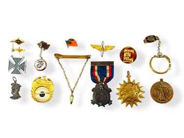 Collection of Various Military Pins, Tie Clip w/Bullet Charm and Badges