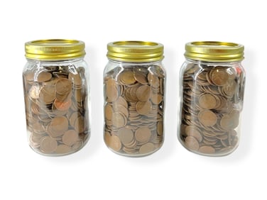 Three Mason Jars with U.S. One-Cent Coins