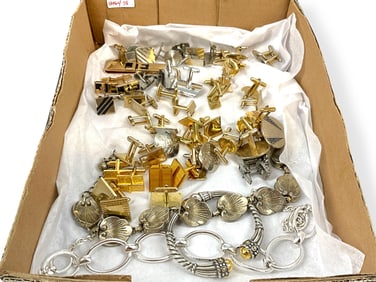 Over 20 Pair of Vintage Cufflinks, Silver-Tone Circle Necklace, Lovely Vintage Necklace and