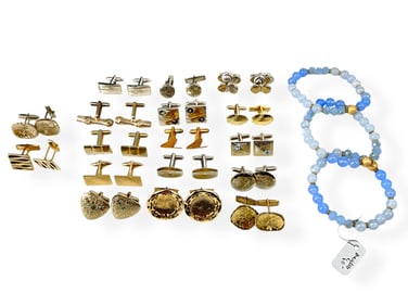 Over 15 Pair of Vintage Cufflinks and Three Bracelets in Blue Agate
