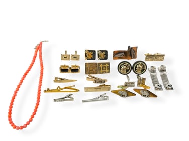 Ten Pair of Fashion Cufflinks in Tigers Eye, Copper and More, Six Tie-Clips and a Coral Bead