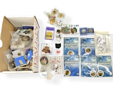 Assortment of Lapel Pins, Sports Medallions, and Keychains