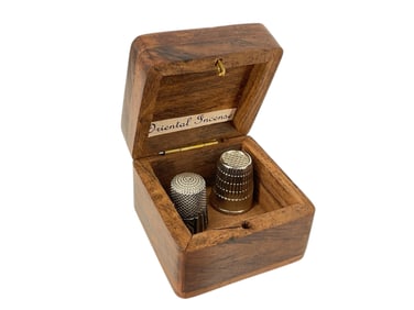 Small Wood Box with Brass Heart Inlay, Silver-Tone Thimble Marked "Made in W. Germany" and Sterling