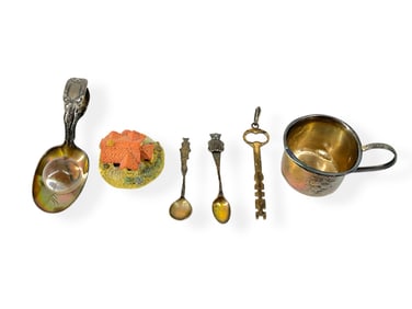 Vintage Silver Children's Trinket Items Including a Clear Quartz Marble and a Silver Key Pendant