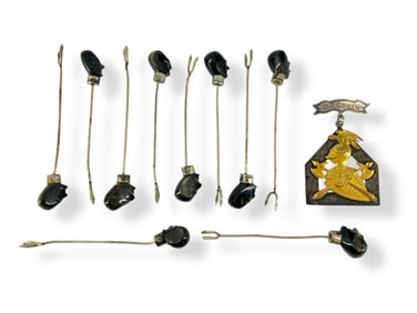 Ten Vintage Appetizer Skewers and an Antique Medal Badge/Fraternal Pin from the Supreme Lodge FCB