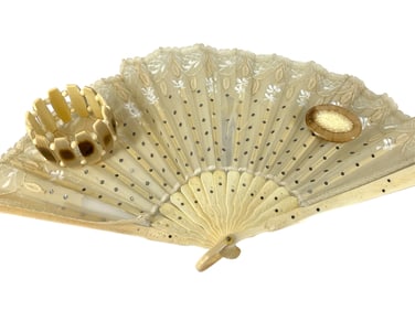 Fossilized Tusk Pin, Vintage Ivory/Bone Fan and Bone Links Bracelet