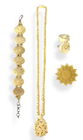 Vintage Pieces of Ivory/Bone/Celluloid: Bracelet, Floral Earrings, Pierced & Carved Necklace,