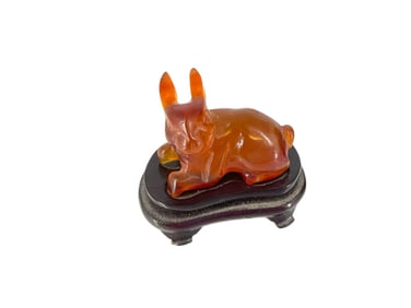 Cute Carved Carnelian Bunny on Wood Stand
