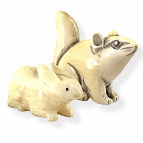 Carved Ivory Figures - Netsuke Squirrel and Tiny Rabbit Figure **Please See Ivory Selling Parameters