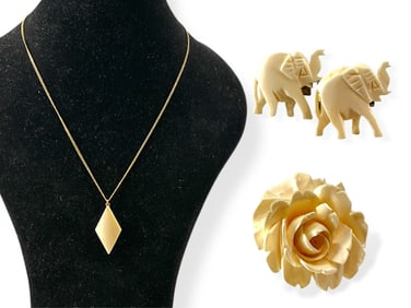Vintage Pieces of Ivory: Elephant Cufflinks, Floral Pin, Ivory Necklace **Please See Ivory Selling