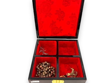 Beautiful Asian Wooden Shadowbox Jewelry Container and Jewelry Pieces