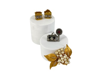 Initial MM Cufflinks/Buttons, Camera Themed Tie-Tack and Vintage Brooch with Faux Pearls