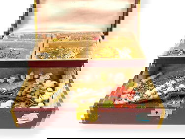 Old Jewelry Box w/Contents Including Monet Earrings, Mickey Mouse Watch, Cat Brooch by "JJ", a