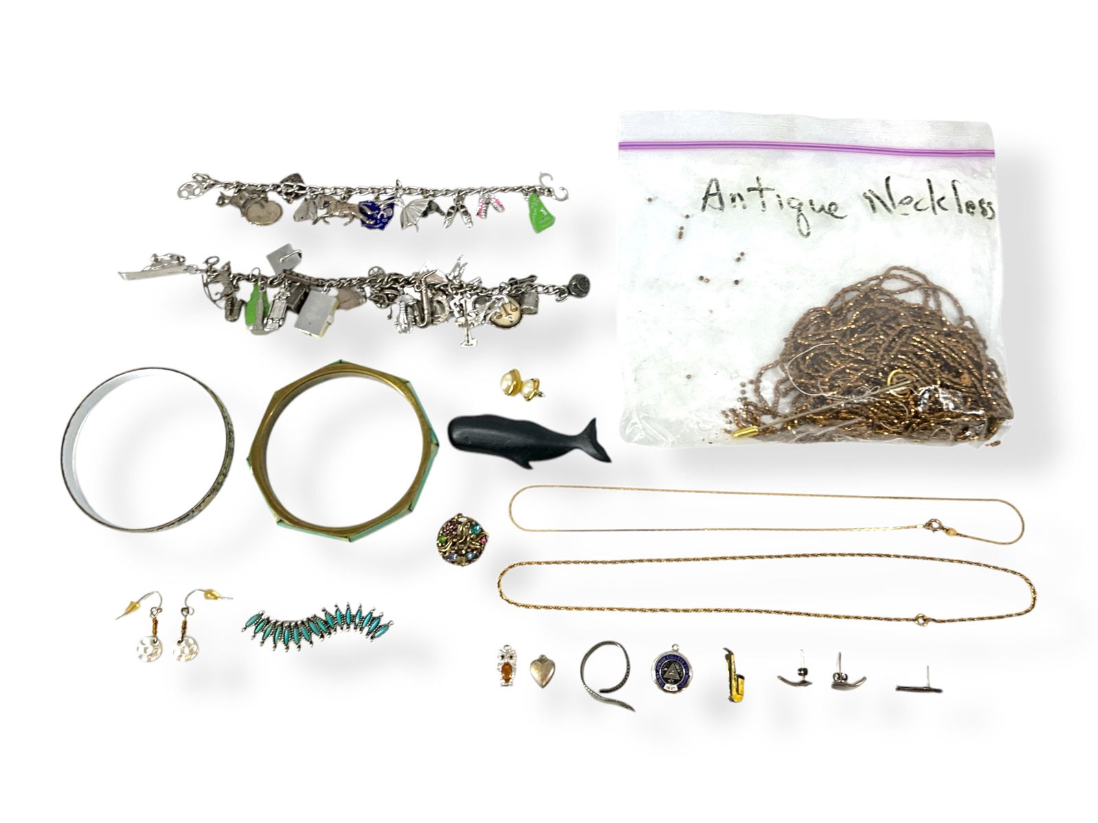 Vintage - Modern Jewelry & Accessories: Vintage - Modern Jewelry & AccessoriesSeed bead jewelry set, two silver charm bracelets with vintage silver-tone and sterling silver charms (mostly silver), sterling silver converted spoon ring with m