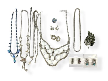 Vintage Swag Necklace w/Rhinestones & Milk-Glass Accents, Rhinestone Necklaces, Pin Stamped "Made in