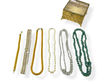 Vintage Brass & Glass Jewelry Box and Fashion Necklaces