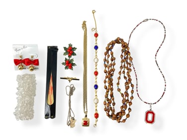 Whimsical Lot of Vintage Fashion Jewelry Including a Necklace Made from Tiny Nuts, Holly Themed