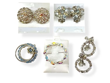 Three Pair of Vintage Rhinestone Earrings and Two Pretty Vintage Fashion Circle Pins