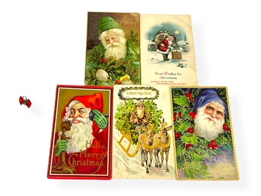 Five Antique Christmas Postcards (One From 1911) and a Vintage Pair of Hallmarked Earrings with Red