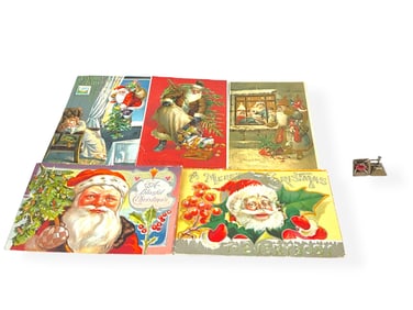 Five Antique Christmas Postcards (One From 1907) and a Vintage Pair of Hallmarked Earrings with