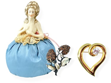 Pretty Vintage Half Doll w/Pincushion Dress - Holds Two Fashion Pins (One Stamped BSK)