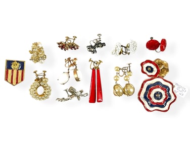 Signed "Marvella" Brooch & Matching Earrings, Patriotic Pin and Ten Pair of Vintage Fashion Earrings