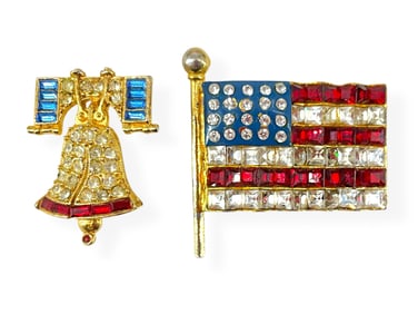Fancy Vintage Flag Brooch Signed "Polcini" and Liberty Bell Pin Hallmarked "Cinerama"