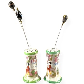 Two China/Porcelain Hatpin Holders w/Hatpins w/Asian Painted Scenes