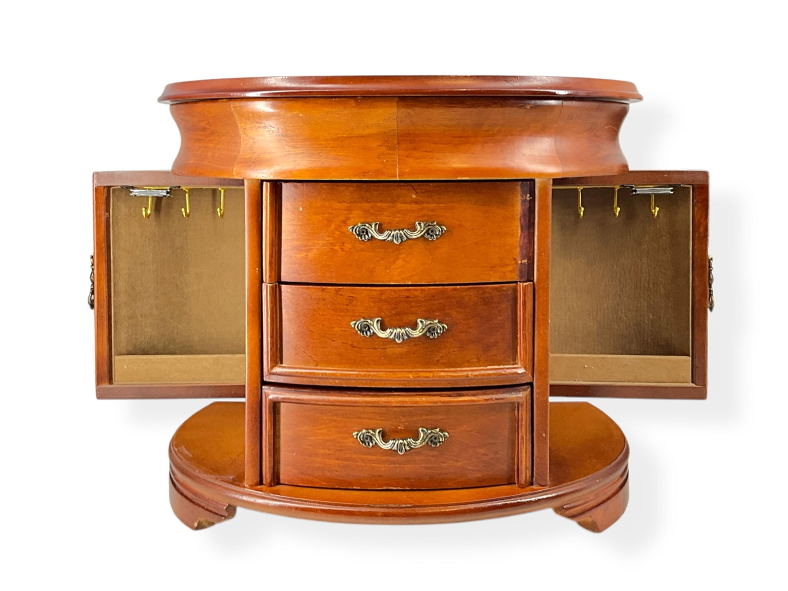 Tall Wooden Jewelry Box: Tall Wooden Jewelry Box Lovely jewelry box is approx 11 3/4" tall, 13 3/4" wide and approx 7 1/2" deep, is lined in beige velvet-type material, two side drawers are for necklaces, lid lifts to four se