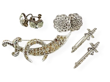 Two Trifari Crown Pins, Hallmarked "Ora" Masonic Sword Pin w/Rhinestones, Marcasite Earrings Marked
