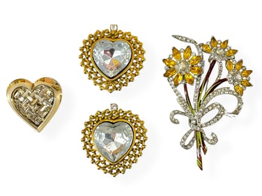 Large Vintage Flower Brooch, Stamped "Les Bernard" Large Heart-Shaped Earrings and Hallmarked