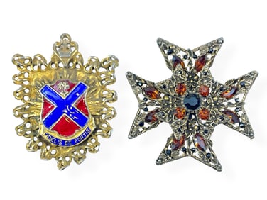 Signed "Reinad 5th Av. N.Y." Heraldic Brooch and Signed "Selini" Brooch w/Amber-Color Stones