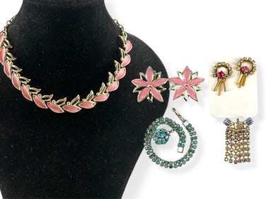 Mid-Century Pink Enamel Necklace & Earrings, Iridescent Stone Tassel Pendant, Gold-Filled Vintage