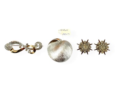 Signed "Mazer" Rhinestone Brooch, Hallmarked "Trifari" Pin, Vintage Silver Earrings
