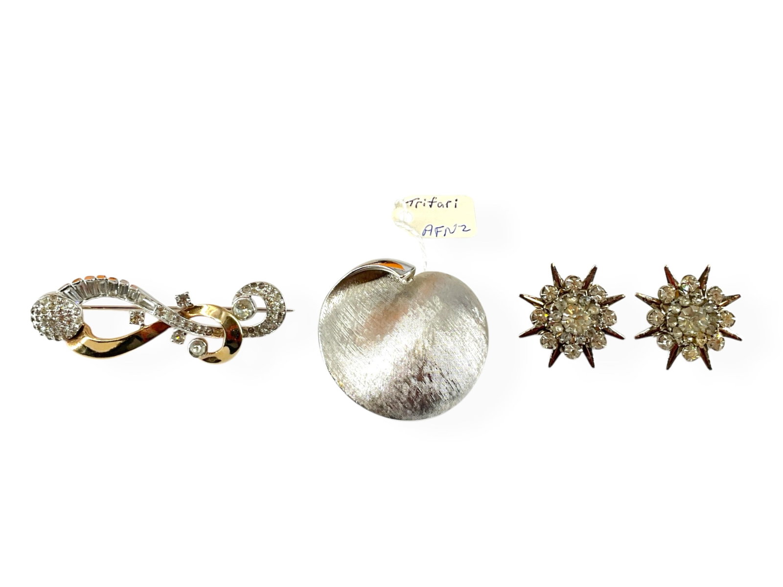 Signed "Mazer" Rhinestone Brooch, Hallmarked "Trifari" Pin, Vintage Silver Earrings: Signed "Mazer" Rhinestone Brooch, Hallmarked "Trifari" Pin, Vintage Silver EarringsLot contains a vintage dual-tone brooch with diamantÈ crystals in baguette and round cuts, pin is hallmarked "Mazer"