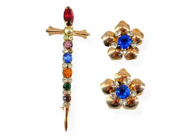 Cool Sword Brooch Hallmarked "Sterling by Coro" and Vintage Fashion Floral Earrings Stamped