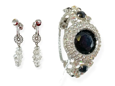 Gorgeous Vintage Rhinestone Bracelet w/Black Fashion Stones and Silver Earrings w/Clear Sparkly