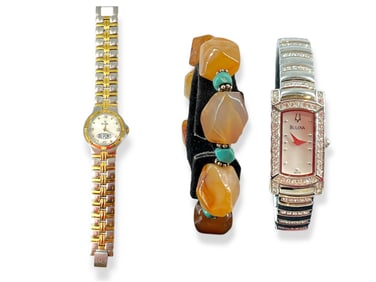 Two Bulova Watches - His & Hers - Plus a Chunky Banded Agate Bracelet w/Turquoise Roundels