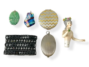 Vintage Pierced and Carved Jade Pendant, Beautiful Dichroic Glass Pendant, Vintage Compact, Antique