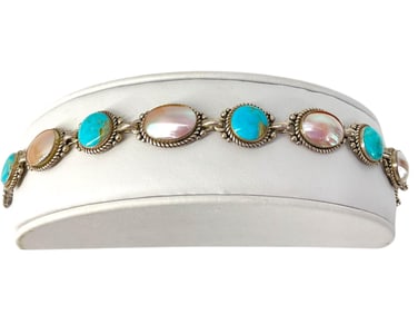 Modern Sterling Silver Bracelet with Turquoise and M.O.P. Disks