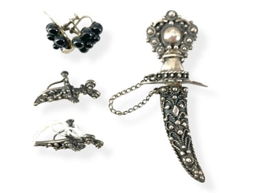 Marked "Sterling" Sword & Sheath Brooch and Matching Earrings Plus Additional Vintage Earrings