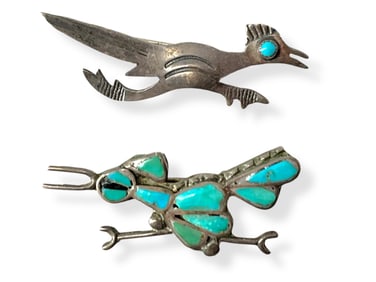 Two Southwestern Sterling Silver Roadrunner Bird Pins