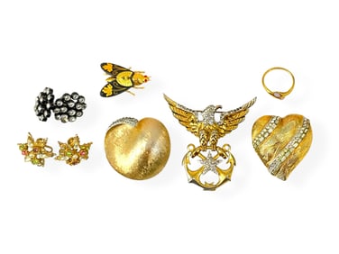 Three Vintage Signed Brooches Including "MB," "Trifari w/Crown," and "Corocraft" - Plus a Whimsical